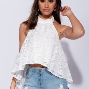 Lace Halterneck Top White